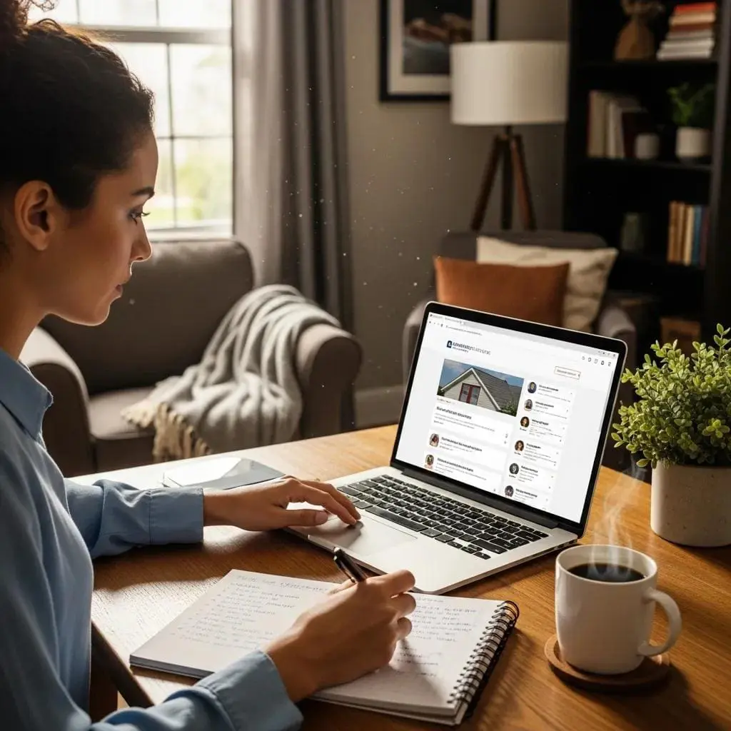 Homeowner reviewing online reviews for roofing contractors on a laptop